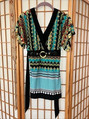 Y2k Geometric Print V-Neck Belted Tunic DEADSTOCK